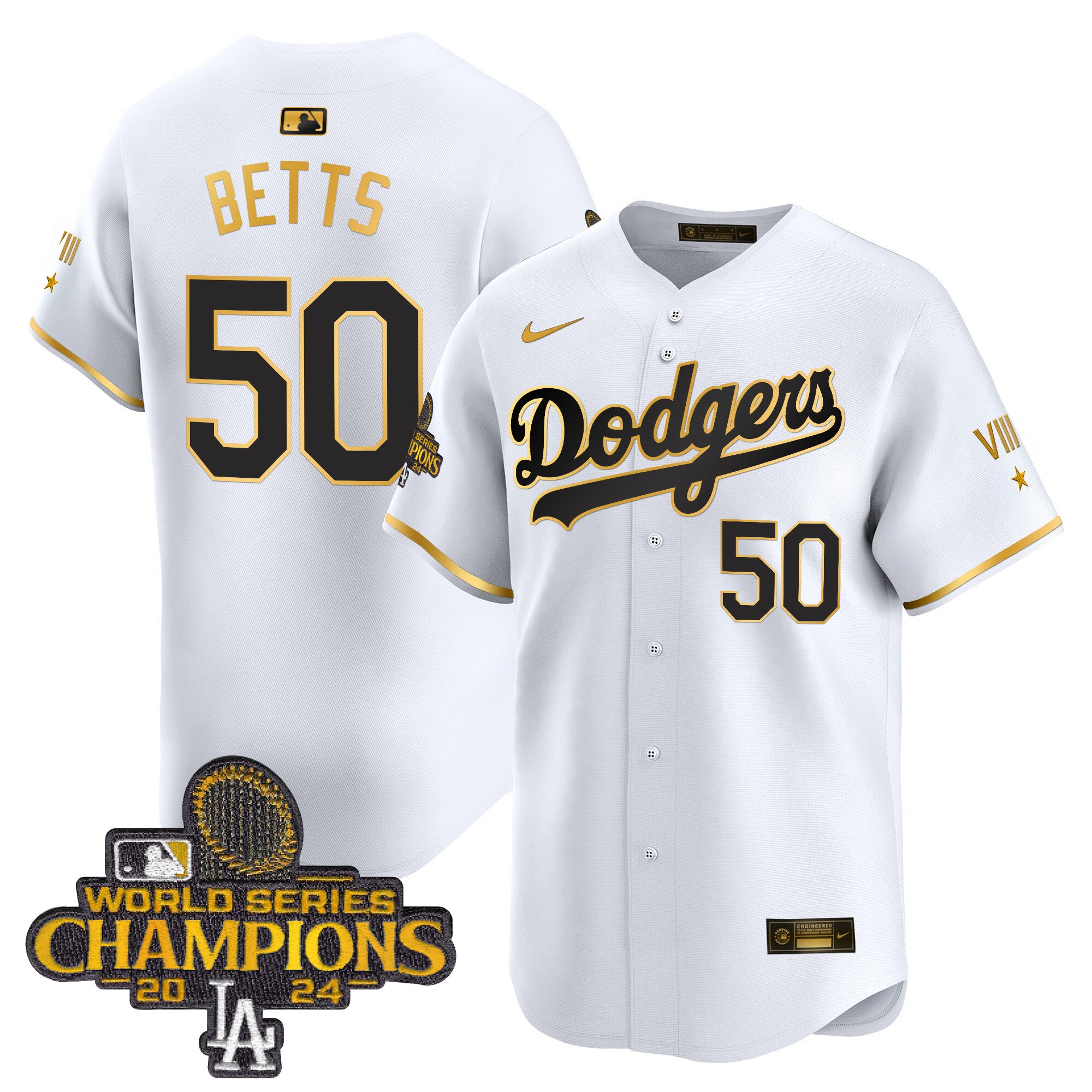 Men's Dodgers 2024 World Series Champions Gold Trim Vapor Premier Limited Jersey - All Stitched