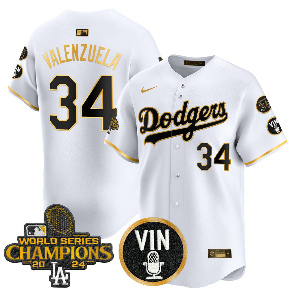 Men's Dodgers 2025 Vin Scully & #34 Fernando Patch Gold Vapor Premier Limited Jersey - All Stitched